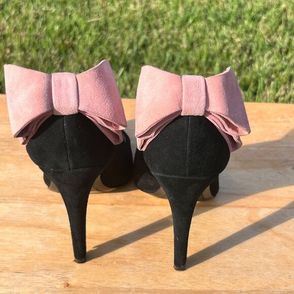 Alice + Olivia Black Velvet Pink Bow Stiletto Pumps Size 37 / US 6.5 - Picture 5 of 11
